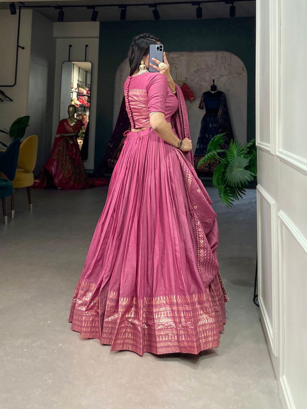 Pink Color Plain With Zari Weaving Work Border Chanderi Lehenga Choli