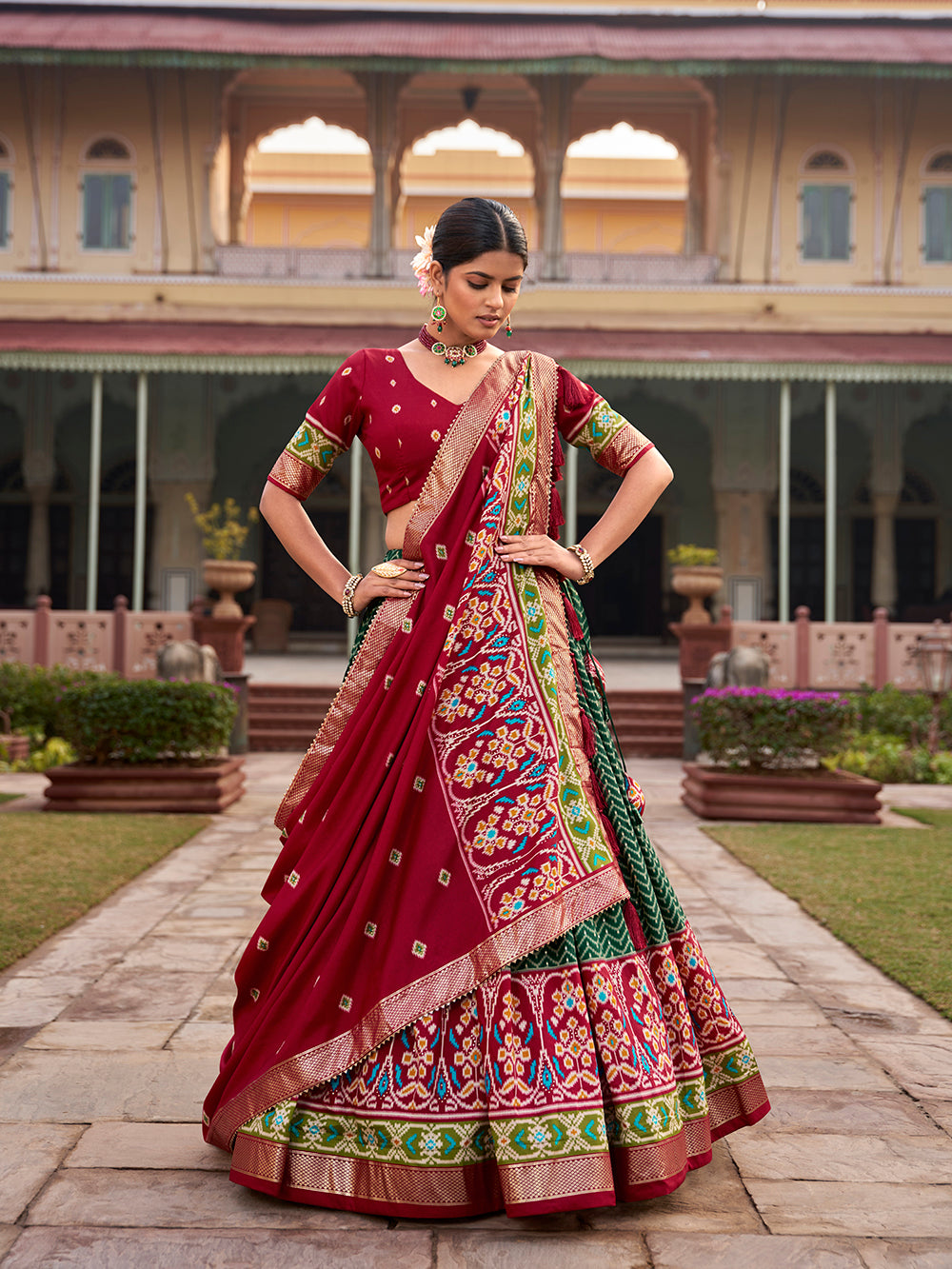 Green Color Hyderabadi Patola With Foil Print Tussar Silk Lehenga Choli