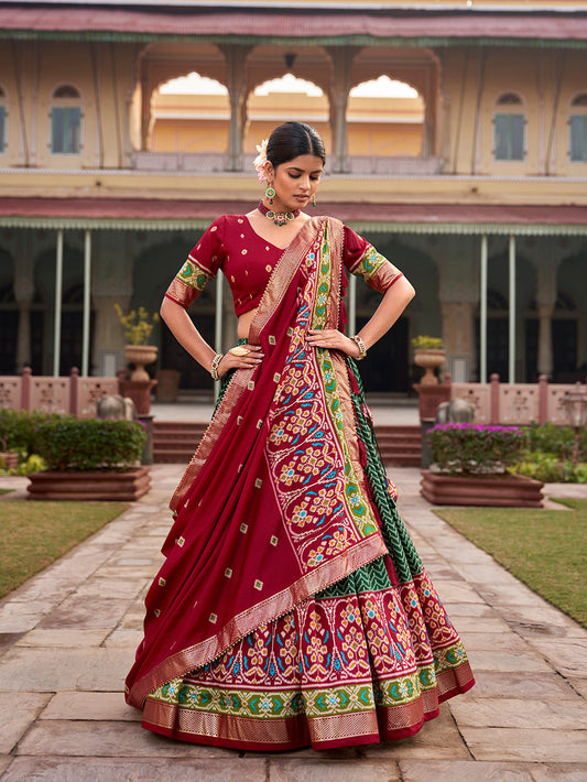 Green Color Hyderabadi Patola With Foil Print Tussar Silk Lehenga Choli