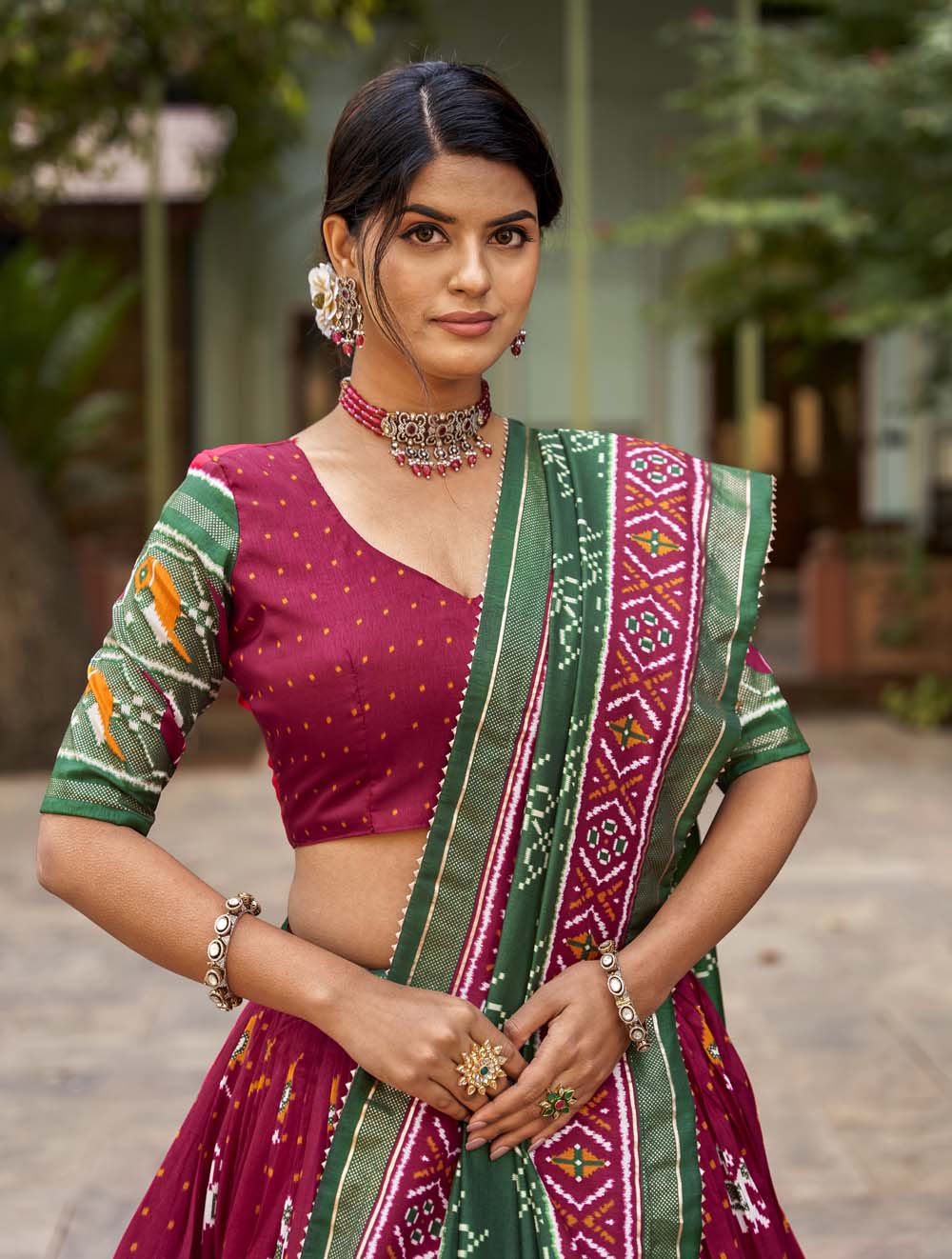 Red Color Patola Print With Foil Work Tussar Silk Lehenga Choli