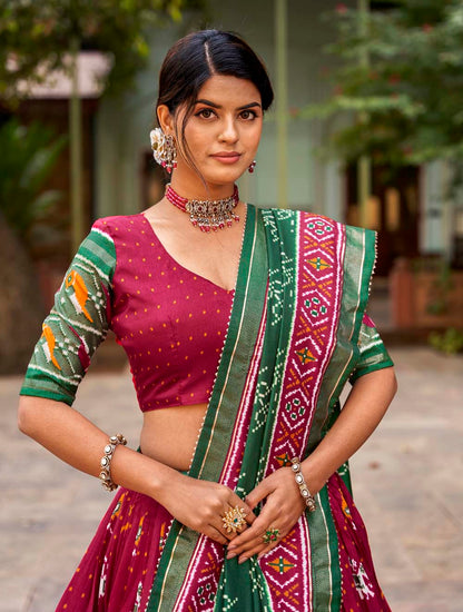 Red Color Patola Print With Foil Work Tussar Silk Lehenga Choli