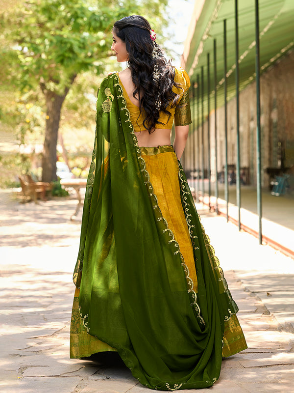 Yellow Color Zari Weaving Work Kanjivaram Lehenga Choli