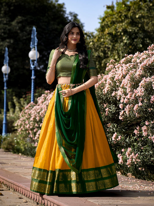 Yellow Color Zari Weaving Work Kanchipuram Haldi South Indian Half Saree Lehenga Set