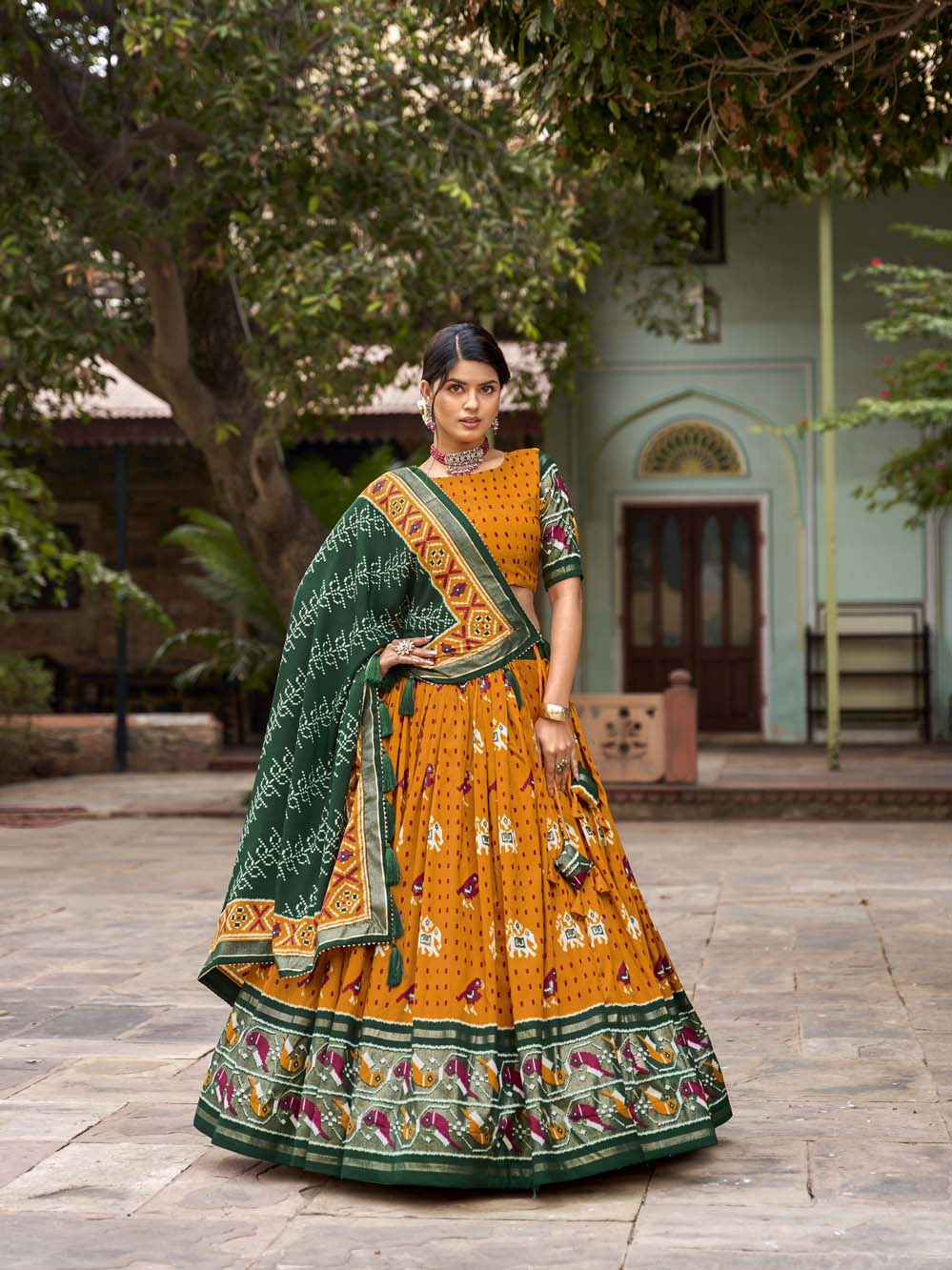 Mustard Color Patola Print With Foil Work Tussar Silk Lehenga Choli