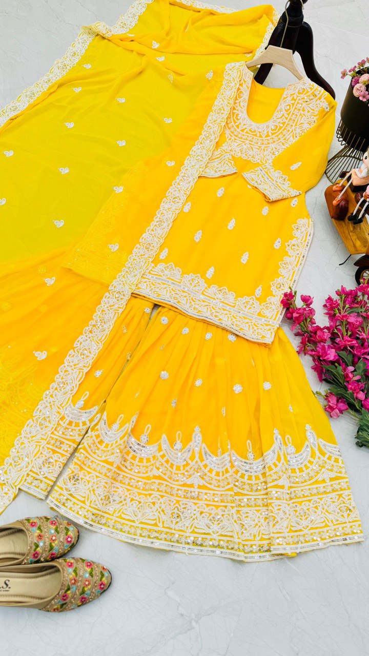 Haldi Wear Faux Georgette And Codding Embroidery Sequence Work Sharara Suit