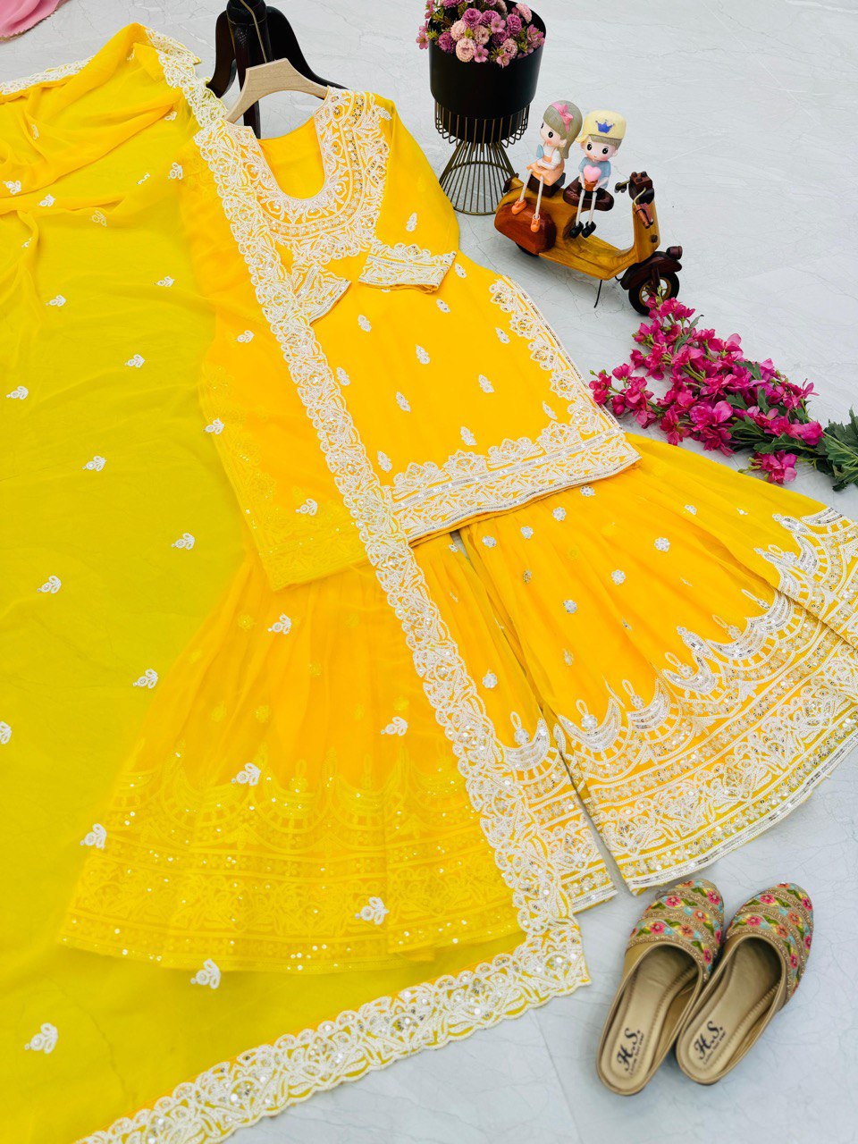 Haldi Wear Faux Georgette And Codding Embroidery Sequence Work Sharara Suit