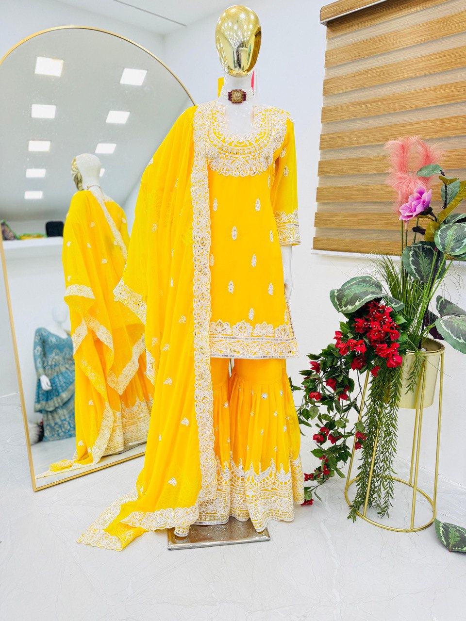 Haldi Wear Faux Georgette And Codding Embroidery Sequence Work Sharara Suit