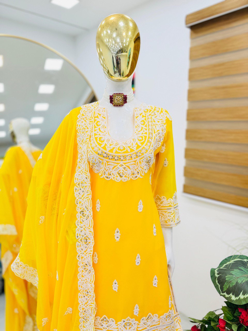 Haldi Wear Faux Georgette And Codding Embroidery Sequence Work Sharara Suit