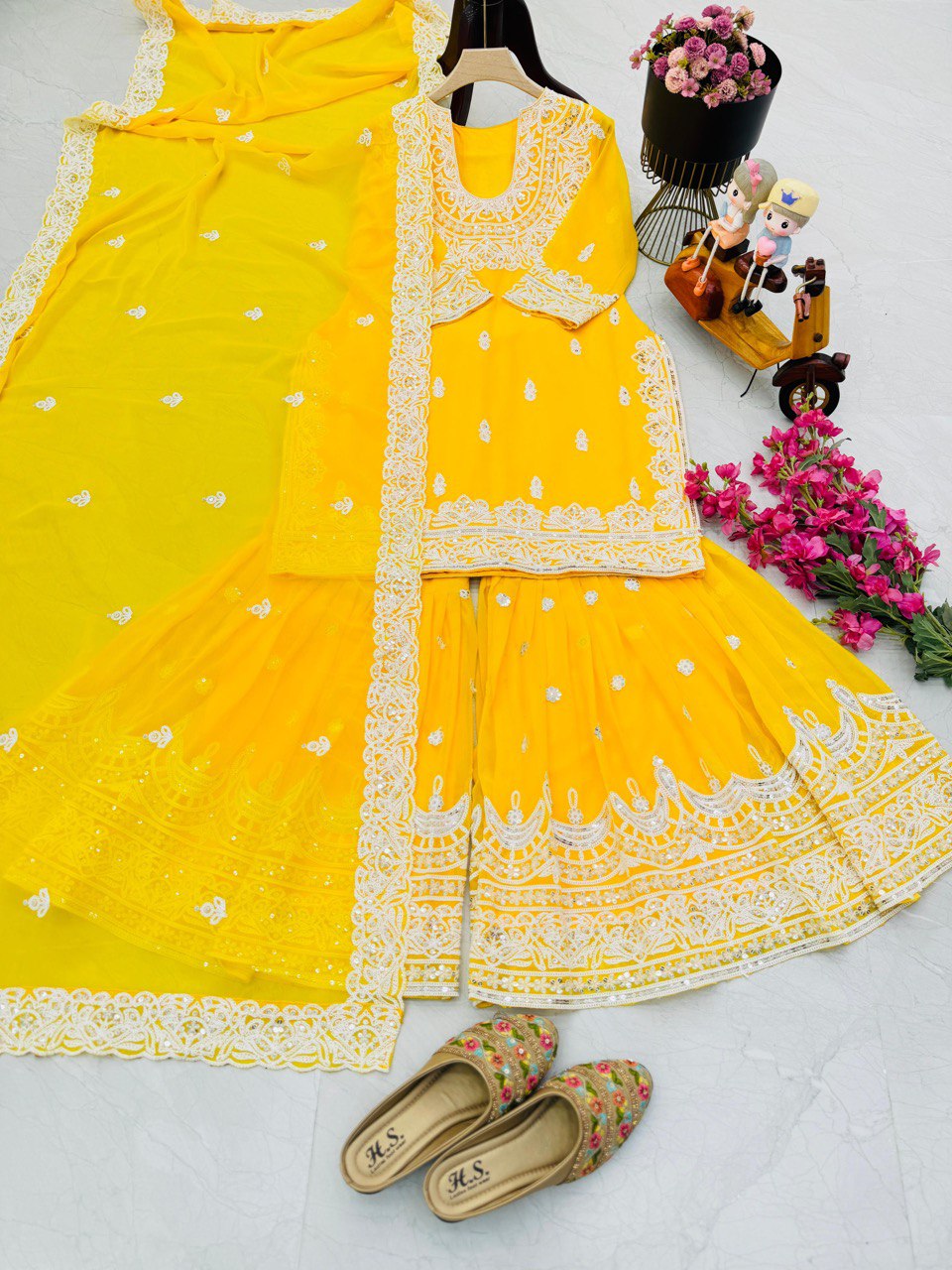 Haldi Wear Faux Georgette And Codding Embroidery Sequence Work Sharara Suit
