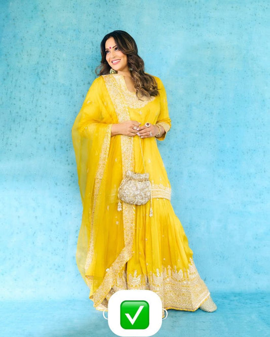 Haldi Wear Faux Georgette And Codding Embroidery Sequence Work Sharara Suit