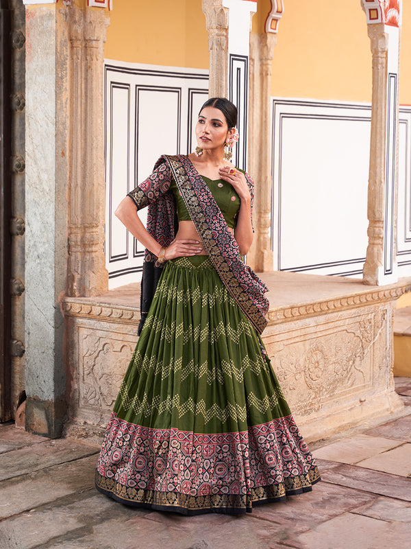 Green Color Dot And Ajrakh With Foil Work Tussar Silk Lehenga Choli