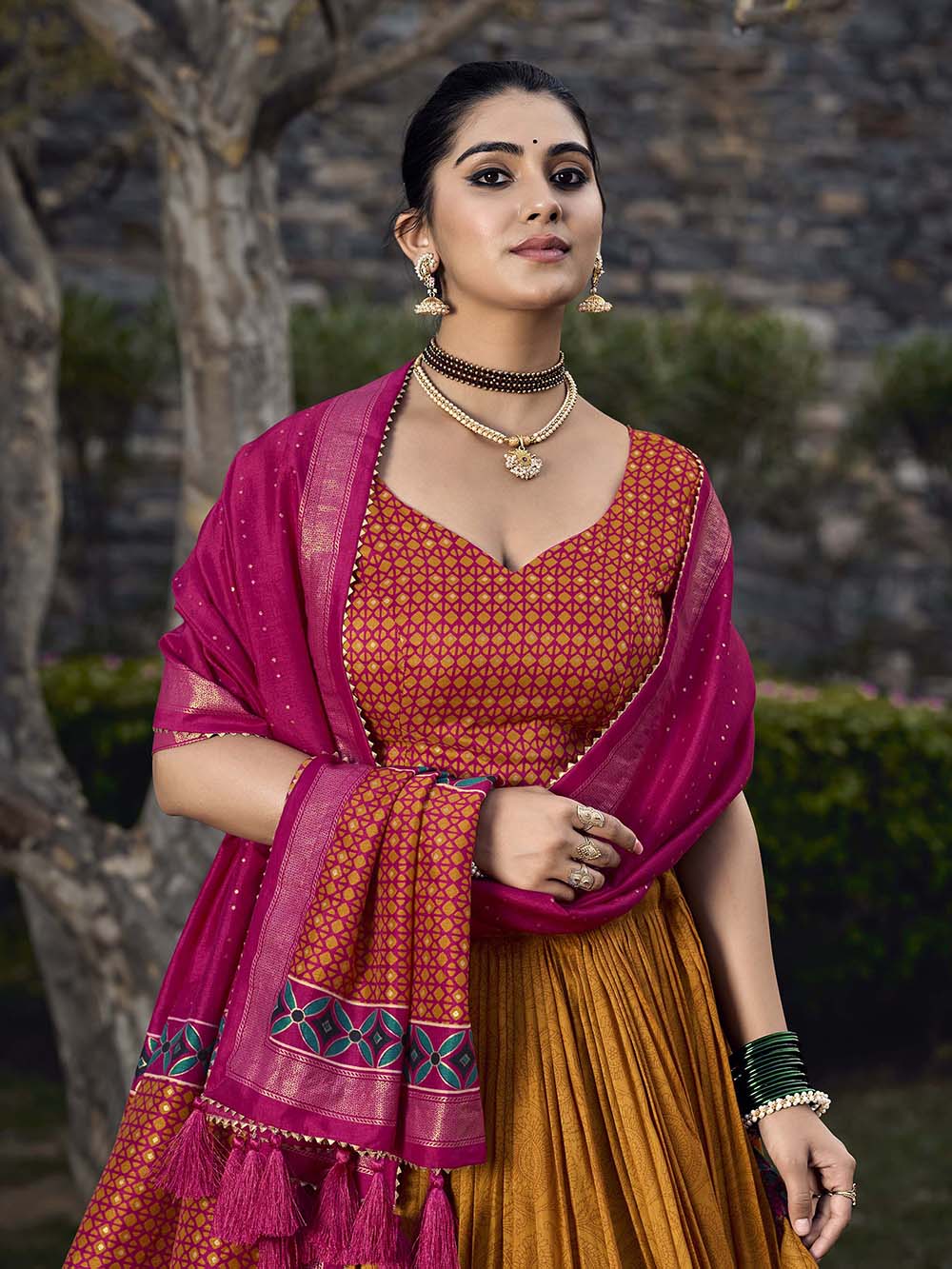Mustard Color Floral Print With Foil Print Tussar Silk Lehenga Choli