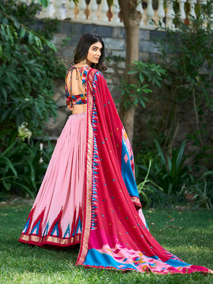 Peach Color Print With Foil Work Tussar Silk Lehenga Choli