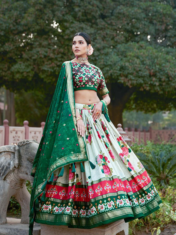 Green Color Floral And Patola Print With Foil Work Tussar Silk Lehenga Choli