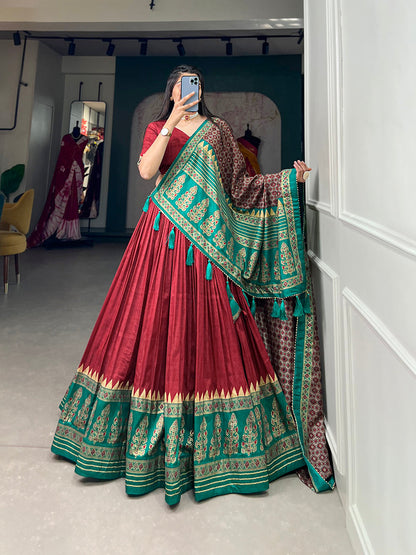 Red Color Print With Foil Work Tussar Silk Traditional Lehenga Choli