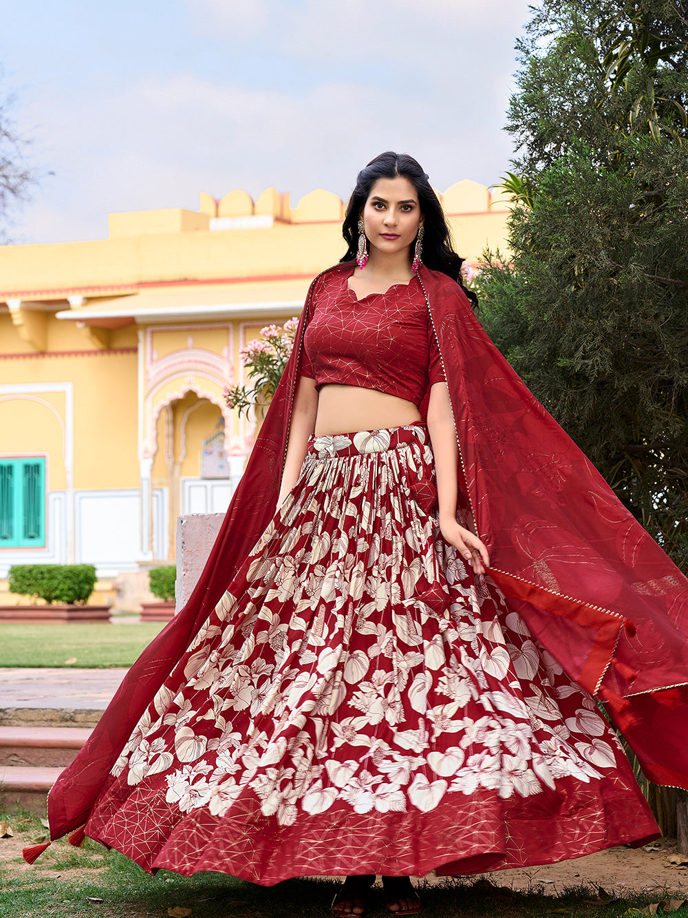 Red Color Floral Print With Foil Work Tussar Silk Lehenga Choli