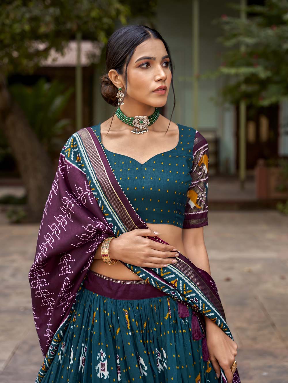 Teal Color Patola Print With Foil Work Tussar Silk Lehenga Choli