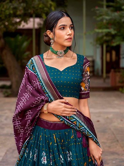 Teal Color Patola Print With Foil Work Tussar Silk Lehenga Choli