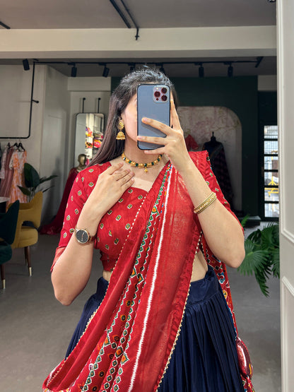 Navy Blue Color Patola Print And Foil Work Dola Silk Lehenga Choli