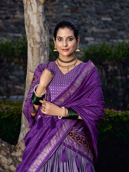 Purple Color Floral Print With Foil Print Tussar Silk Lehenga Choli