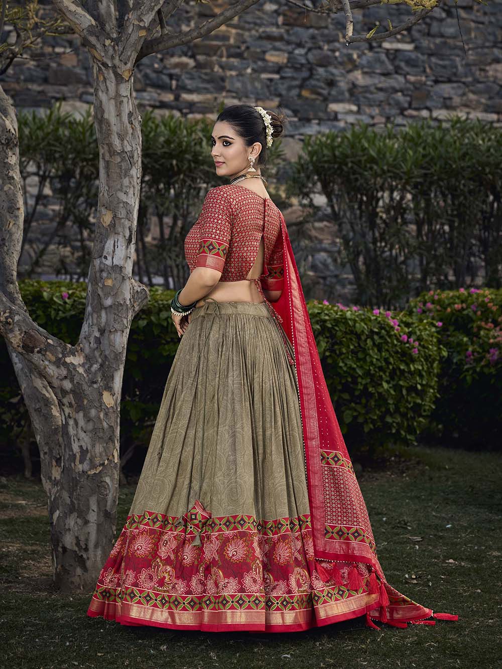 Mehandi Color Floral Print With Foil Print Tussar Silk Lehenga Choli