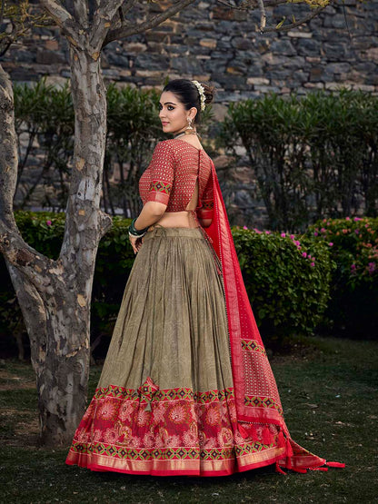Mehandi Color Floral Print With Foil Print Tussar Silk Lehenga Choli