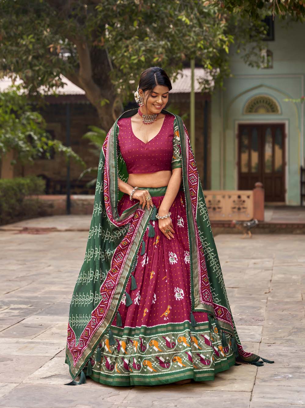 Red Color Patola Print With Foil Work Tussar Silk Lehenga Choli