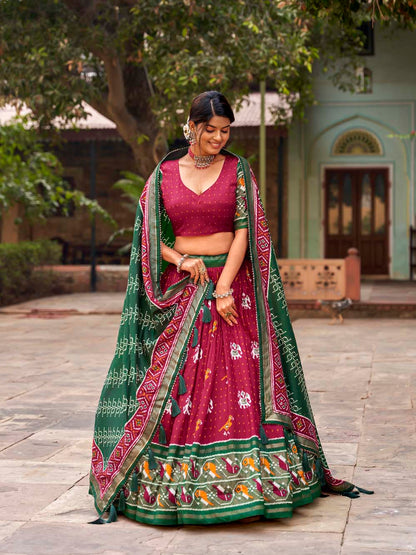 Red Color Patola Print With Foil Work Tussar Silk Lehenga Choli