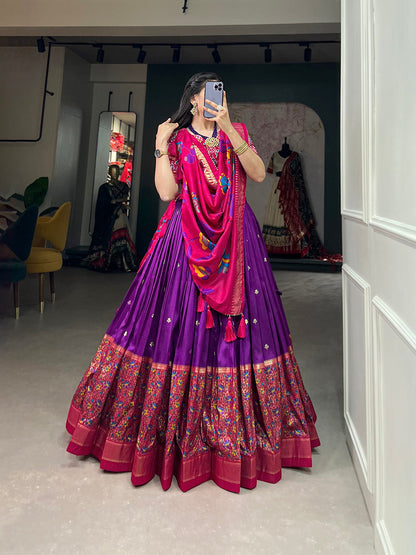 Purple Color Print With Foil Work Tussar Silk Lehenga Choli