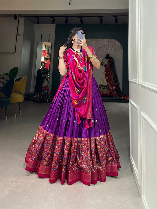 Purple Color Print With Foil Work Tussar Silk Lehenga Choli