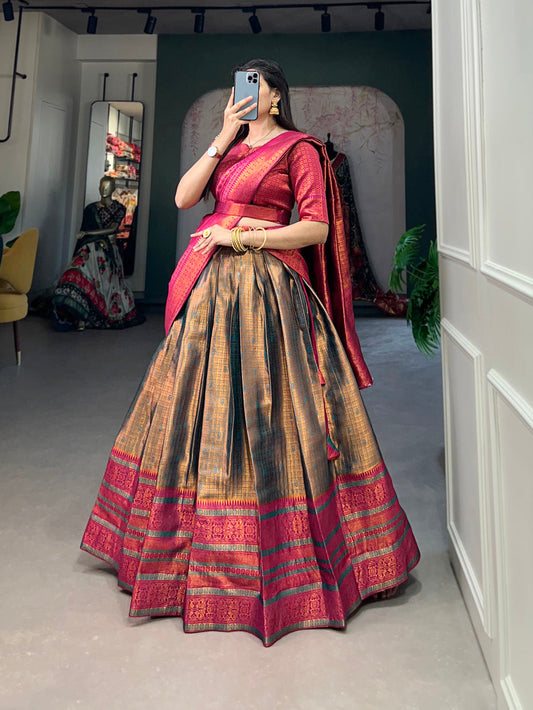 Firozi Color Zari Weaving Work Jacquard Silk Lehenga Choli