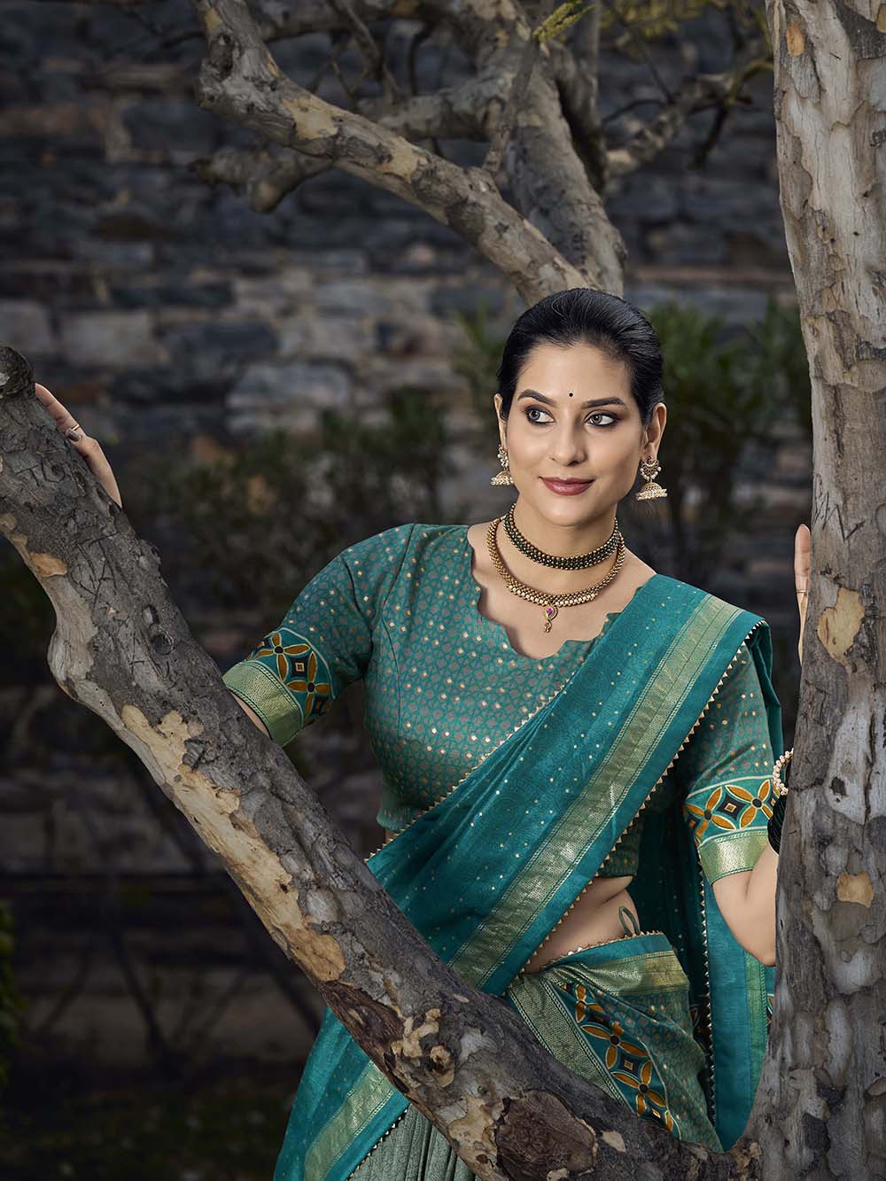 See Green Color Floral Print With Foil Print Tussar Silk Lehenga Choli