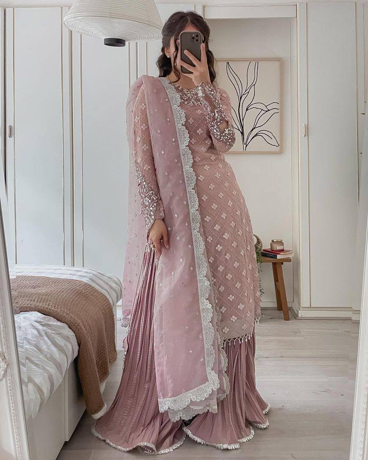 Jiana Peach Georgette Embroidered Palazzo Suit Set