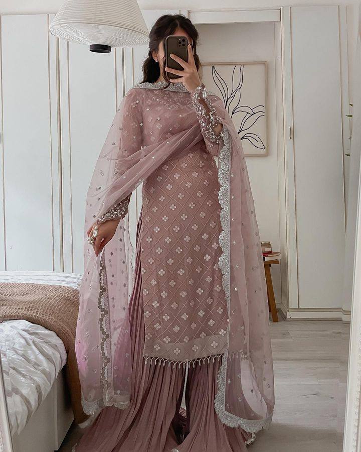 Jiana Peach Georgette Embroidered Palazzo Suit Set