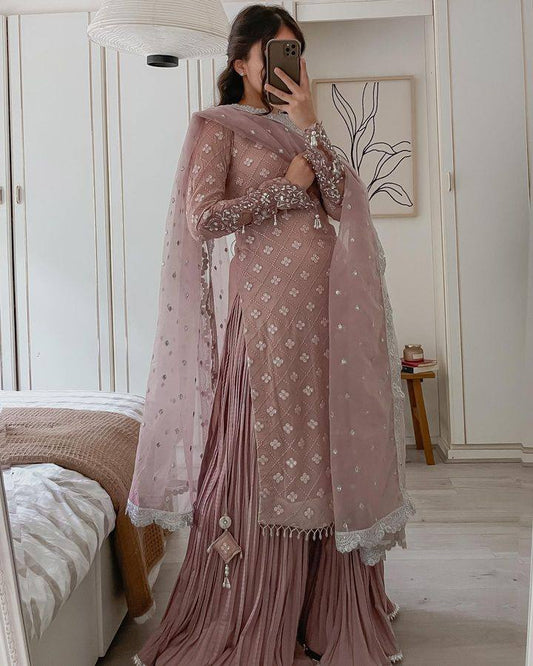 Jiana Peach Georgette Embroidered Palazzo Suit Set