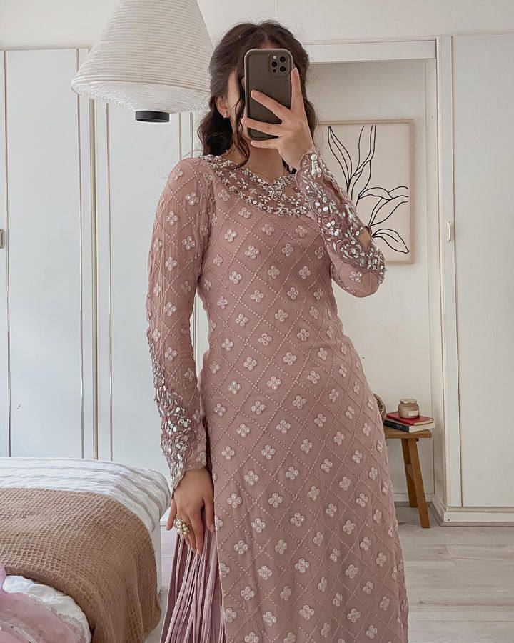 Jiana Peach Georgette Embroidered Palazzo Suit Set