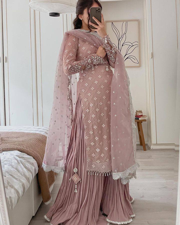 Jiana Peach Georgette Embroidered Palazzo Suit Set