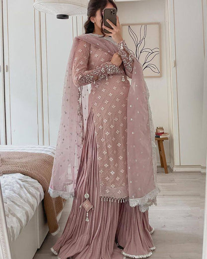 Jiana Peach Georgette Embroidered Palazzo Suit Set