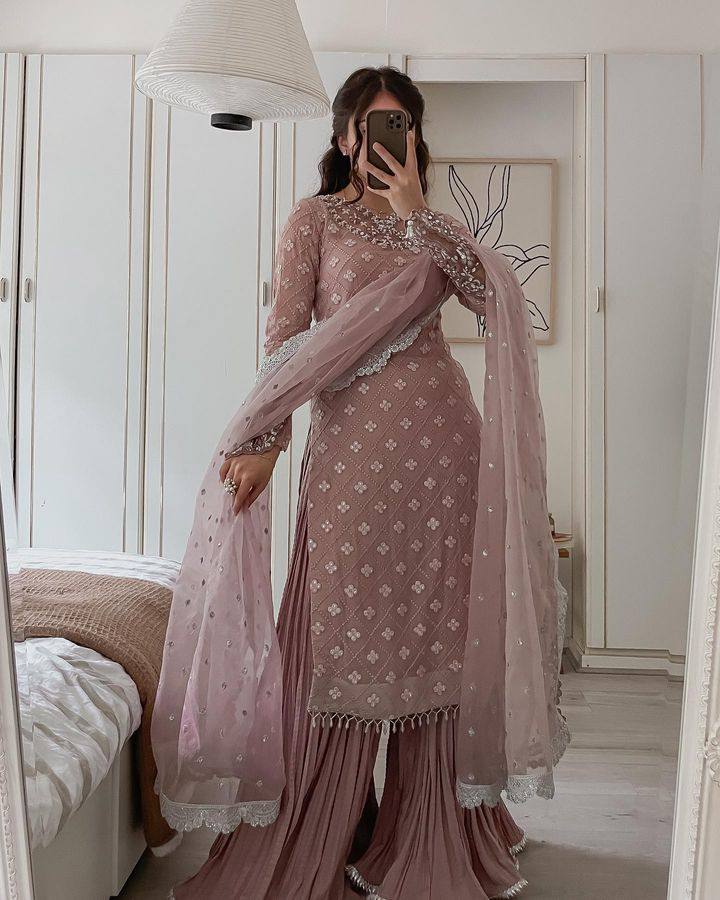 Jiana Peach Georgette Embroidered Palazzo Suit Set