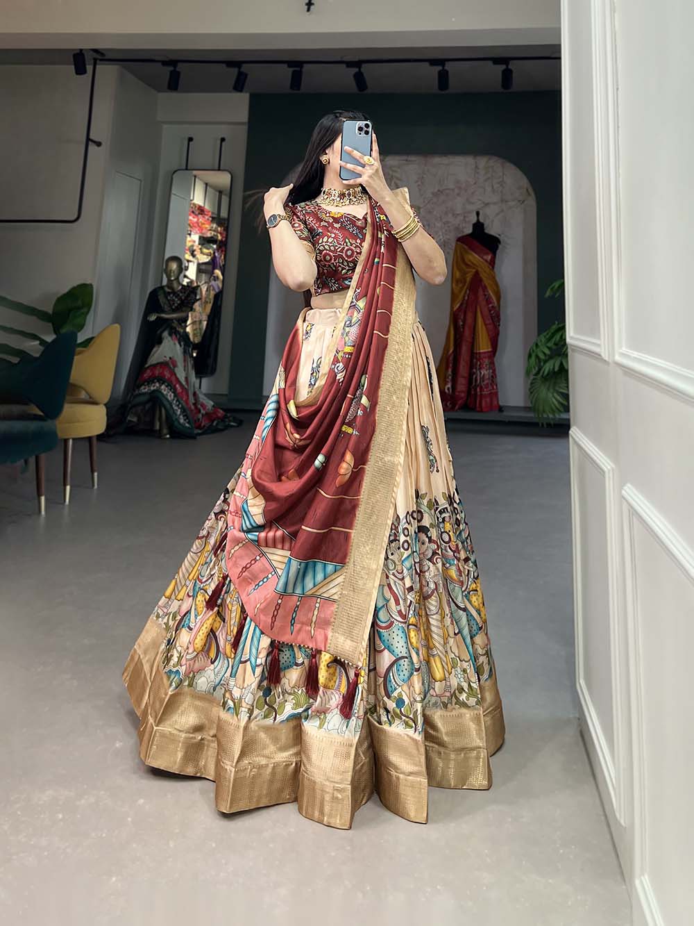 Cream Color Kalamkari Print With Weaving Border Dola Silk Lehenga Choli