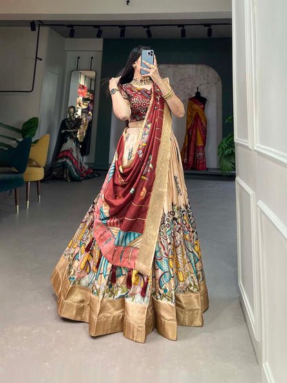 Cream Color Kalamkari Print With Weaving Border Dola Silk Lehenga Choli