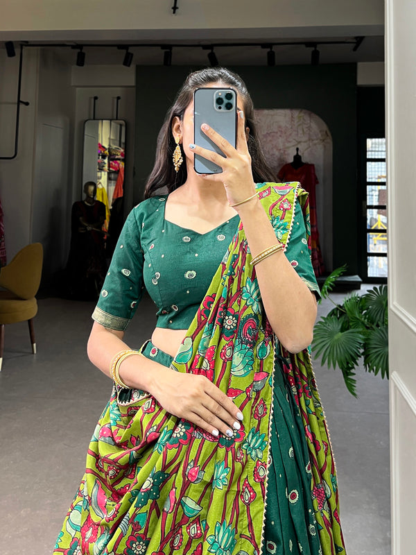 Green Color Kalamkari Print With Foil Work Tussar Silk Lehenga Choli