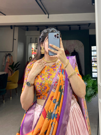 Purple Color Kalamkari Print With Weaving Work Dola Silk Lehenga Choli