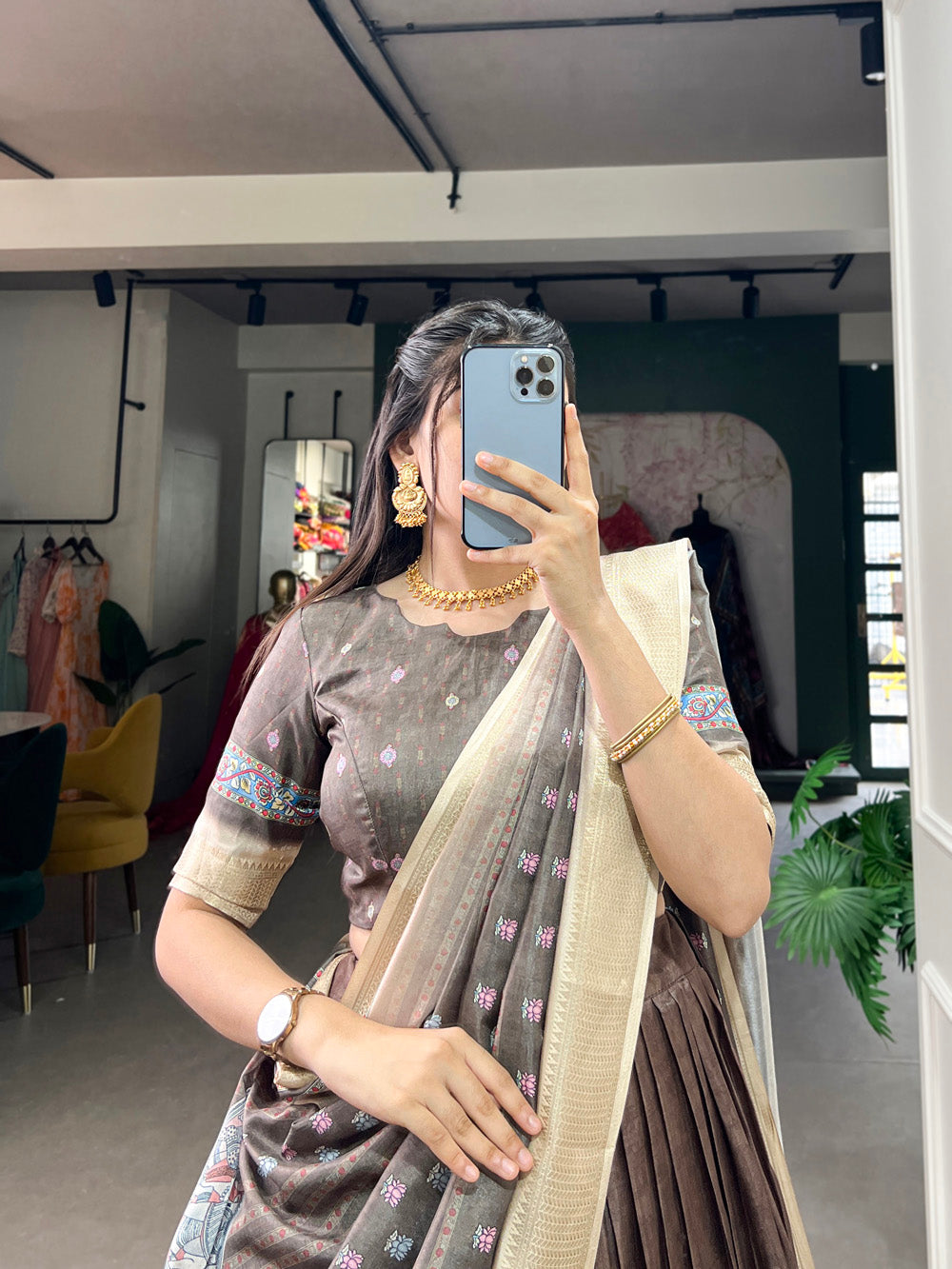 Burgundy Color Kalamkari Print With Weaving Border Dola Silk Lehenga Choli