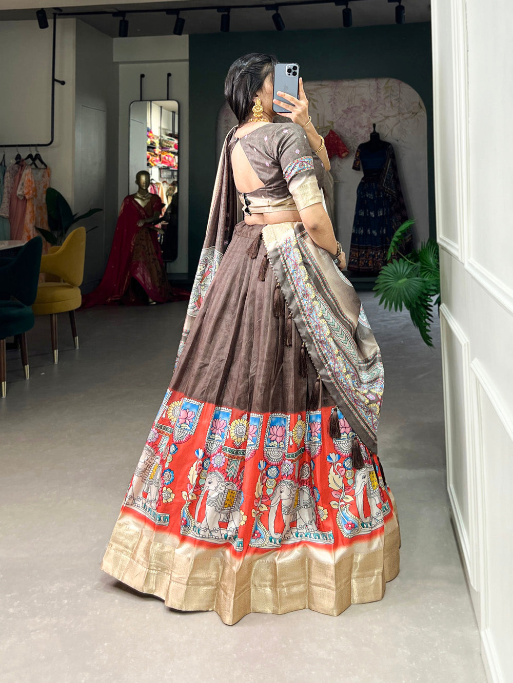 Burgundy Color Kalamkari Print With Weaving Border Dola Silk Lehenga Choli