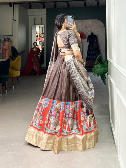 Burgundy Color Kalamkari Print With Weaving Border Dola Silk Lehenga Choli