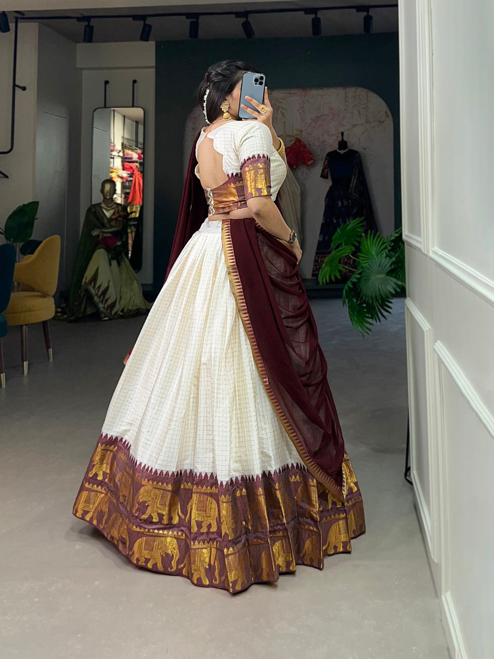 White Color Chex With Zari Weaving Work Poly Cotton Wedding South Indian Half Saree Lehenga