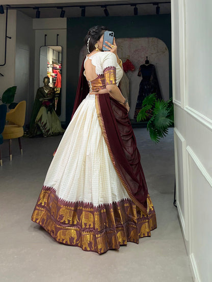 White Color Chex With Zari Weaving Work Poly Cotton Wedding South Indian Half Saree Lehenga