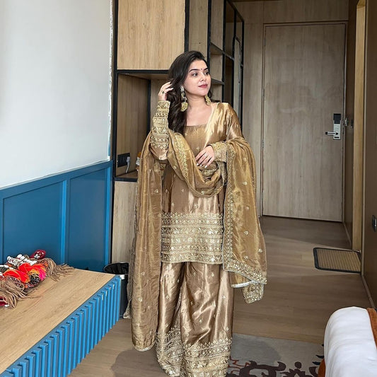 Keyara Beige Satin Embroidered Kurti Sharara Suit Set