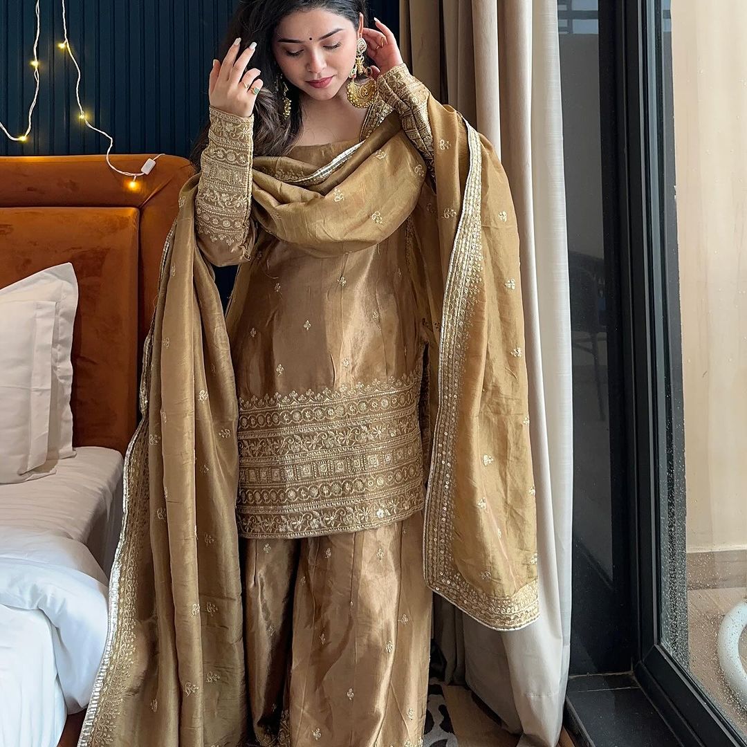 Keyara Beige Satin Embroidered Kurti Sharara Suit Set